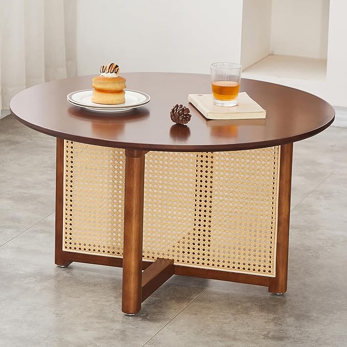 Small Round Coffee Table – 31.5" Solid Wood & Rattan Coffee Table, Modern Rustic Accent Table for Living Room, Boho Style, Walnut