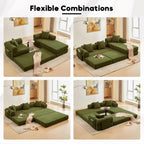 L Shaped Modular Sofa Bed with Cylindrical Pillow & Reversible Chaise, Corduroy Folding Floor Convertible Sofa Couch Bed with Fixed-Shape Frame & Storage Pocket for Living Room, Green