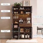 Fatmok 71" Tall Pantry Cabinet with Glass Doors, Kitchen Hutch Storage Cabinet, Coffee Bar & Liquor Cabinet with Charging Station & LED Lights, Wine Rack, Adjustable Shelves＆Large Drawer, Brown