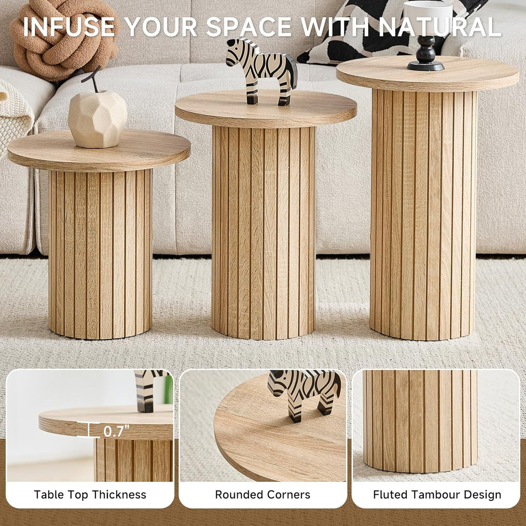 Round Nesting Coffee Table Set of 3 Mid Century Modern Wood Round Coffee Tables with Flexible Small Boho Circle End Table for Space Saving Living Room Comedor Home Office Bedroom(Natural)