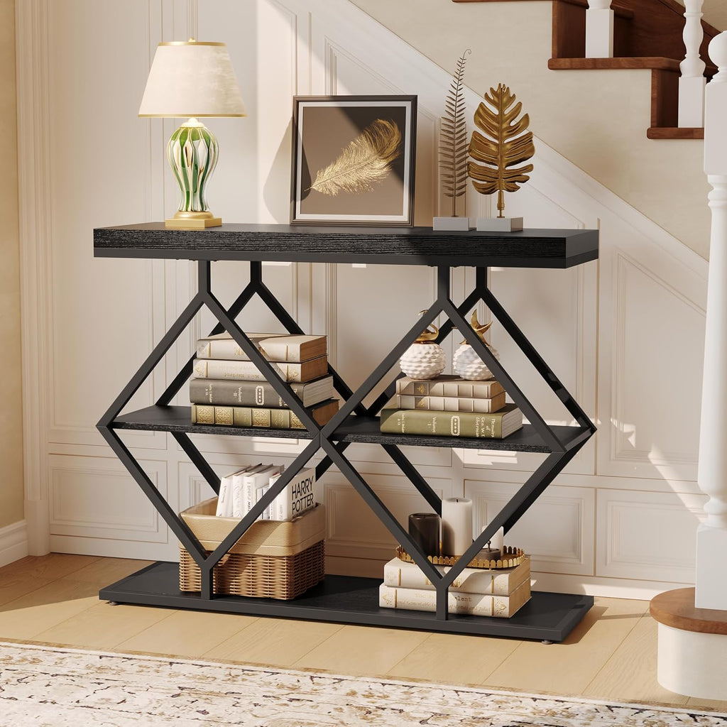 Garvee 3 Tier Console Table with Open Wood Shelves,39" Industrial Entryway Table,Sofa Table,Narrow Wood Accent Tables with Metal Frame for Hallway,Living Room,Behind Couch,Foyer,Entrance,Black