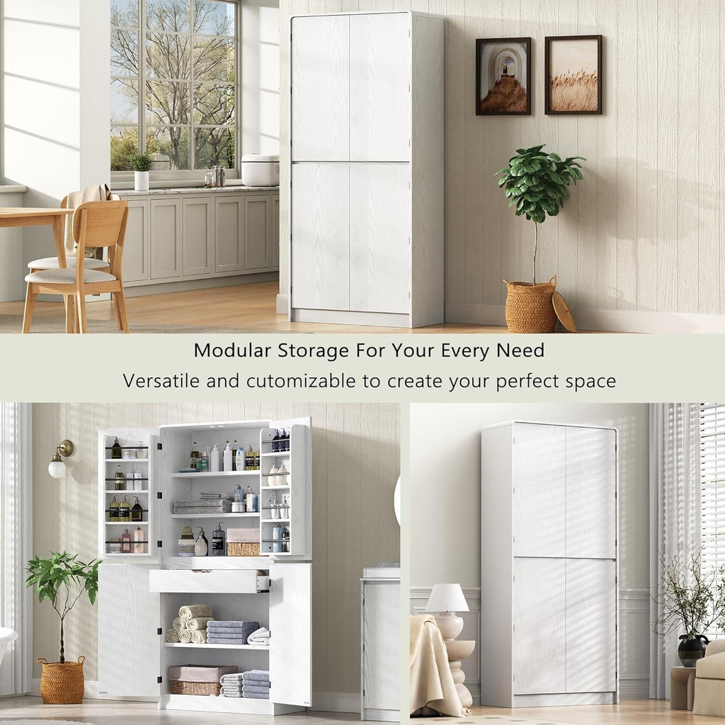 72" Tall Pantry Cabinet with 8 Door Shelves, 250lb Heavy Duty Storage Cupboard with Drawer, Modern Farmhouse Organizer for Office & Dining, White