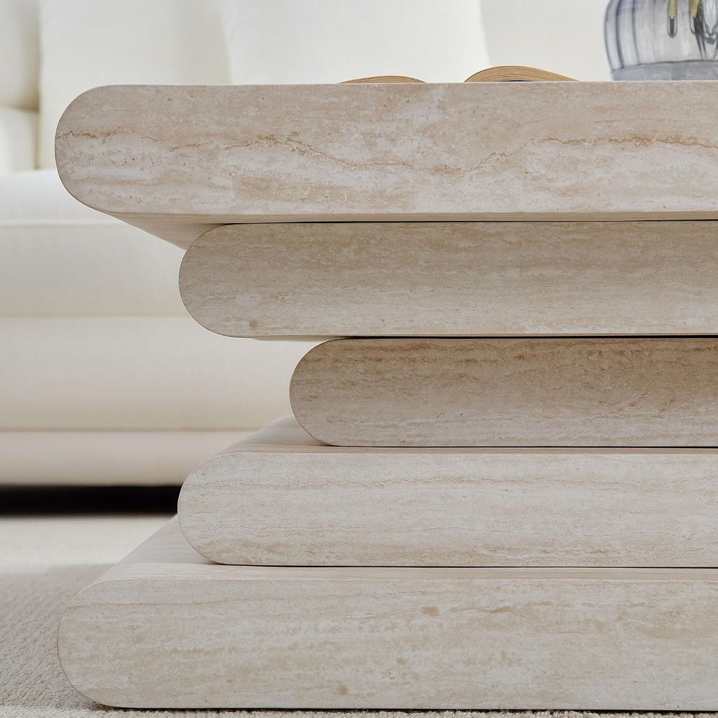 33.89" Square Faux Travertine Pattern Coffee Table for Living Room,MDF Modern Design Irregular Table with Layered Base for Office,Apartment,No Need Assembly,Beige