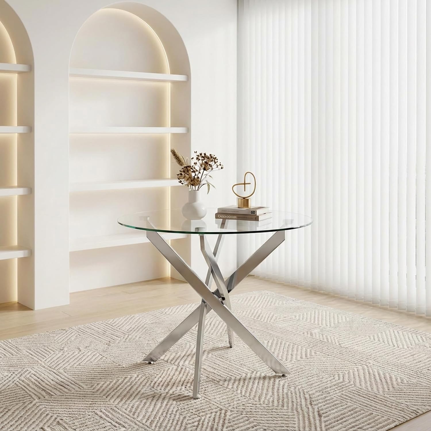 35.5 Inch Round Glass Dining Table, Modern Kitchen Table with 8mm Tempered Glass Top Chrome Metal Legs, Small Round Dining Table for 2–4 People Kitchen Dining Room Apartment