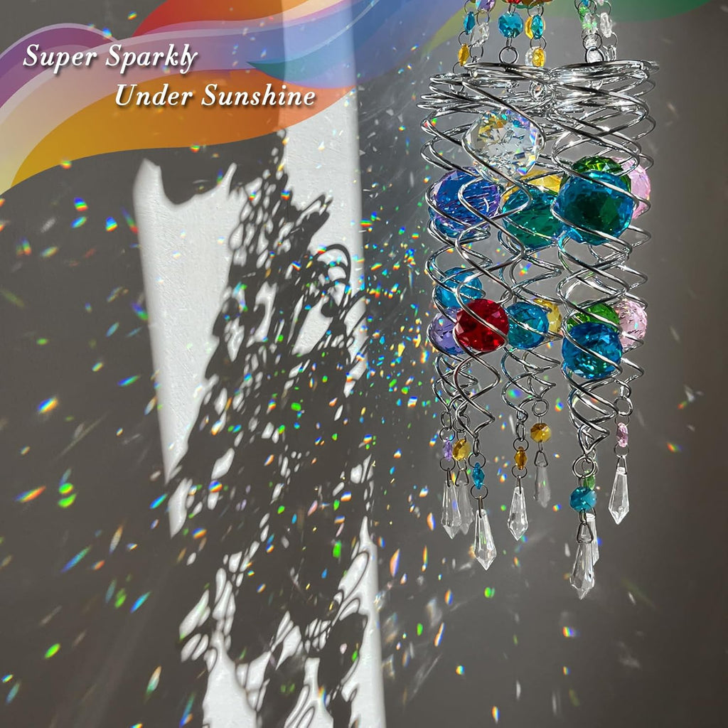 FONMY Hummingbird Gazing Ball Spiral Wind Spinner Sun Catcher Rainbow Maker Silver Spiral W/ K9 Green Crystal Ball Tree Hanging Ornament Indoor Outdoor Garden Decor. -19.5inch H