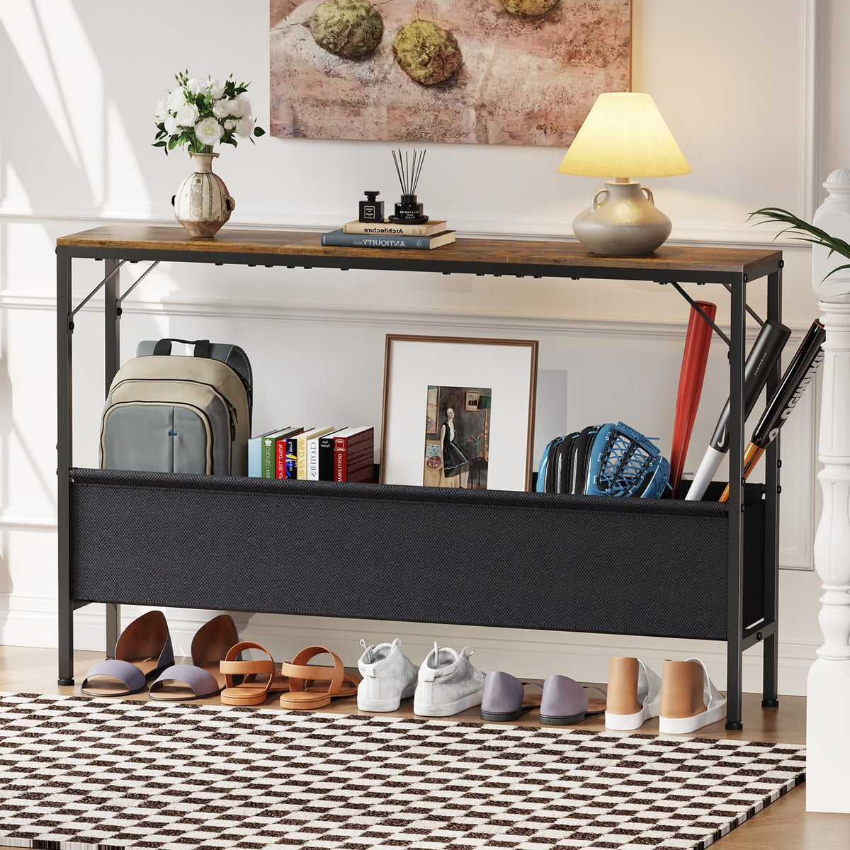 Asgolion Narrow Console Table, 47.2" Long Entryway Table with Storage Basket, Hallway Table, Mordern Industrial Sofa Tables for Living Room, Bedroom, Foyer, Office, Anti-tip Kit, Rustic Brown