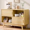 Fluted Buffet Sideboard Oak, Modern Storage Cabinet w/Cord Cutout, Accent Cabinet with Solid Wood Legs, Console Table w/Sliding Doors Open Shelves, Credenza for Living Room, Hallway, Entryway