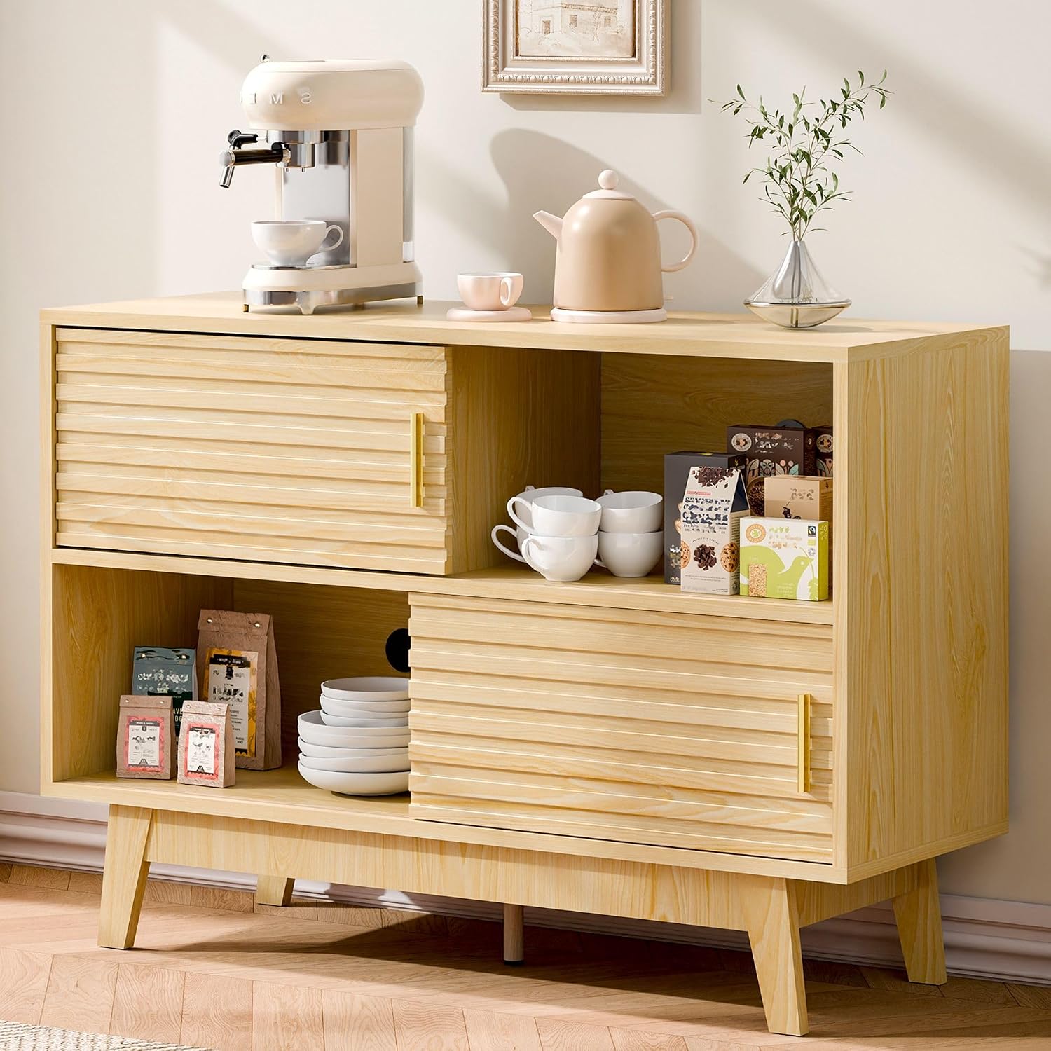 Fluted Buffet Sideboard Oak, Modern Storage Cabinet w/Cord Cutout, Accent Cabinet with Solid Wood Legs, Console Table w/Sliding Doors Open Shelves, Credenza for Living Room, Hallway, Entryway