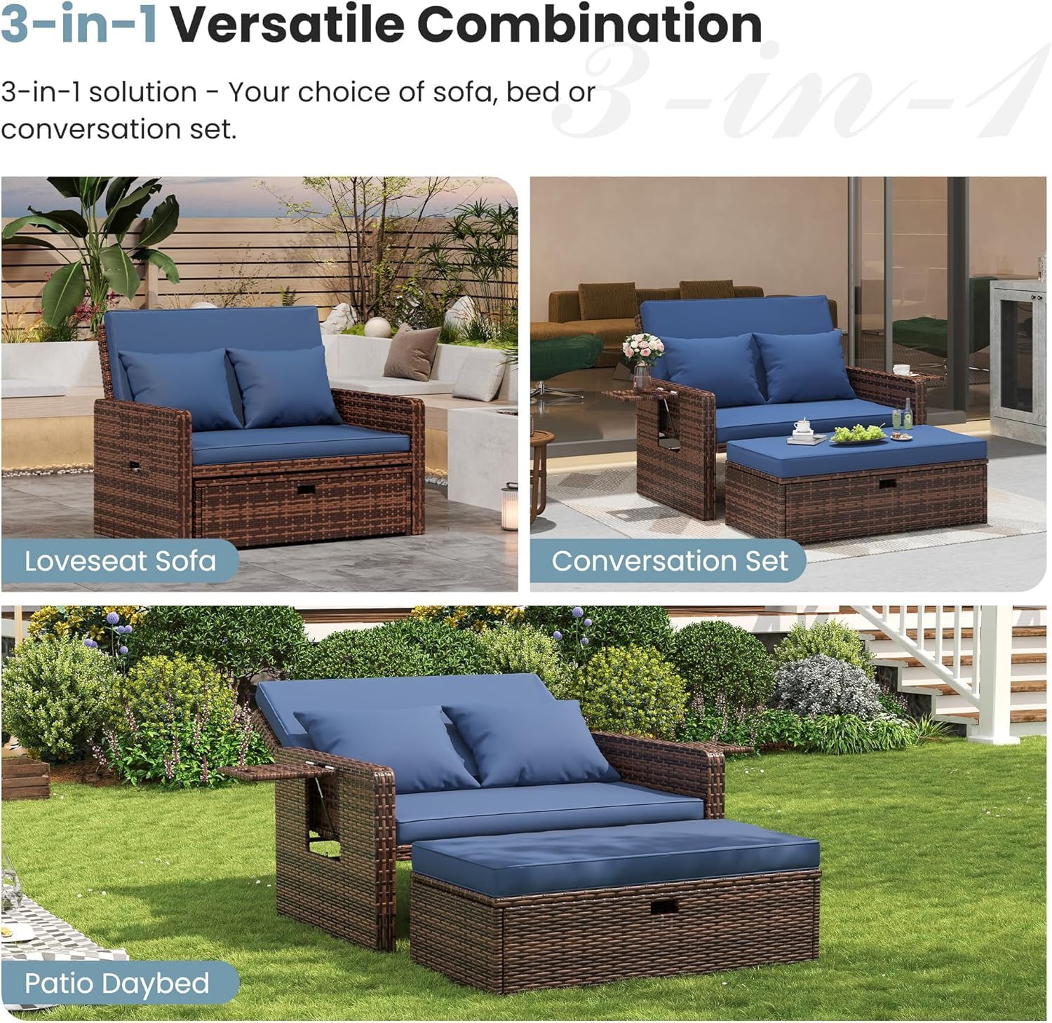 Amopatio Wicker Outdoor Daybed, Outdoor Loveseat with Storage Ottoman, Rattan Patio Daybed, Patio Loveseat with 4-Level Adjustable Backrest & Folding Tray, for Yard, Balcony, Porch, Poolside, Blue