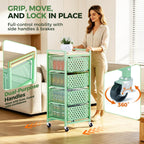 5 Tier Kitchen Storage Cart with Wheels, Utility Fruit Vegetable Storage Rack Stand with Pull-Out Baskets & Wood Top, Metal 4-Drawers Rolling Snack Cart, Kitchen Cart for Potato Onion(Green)