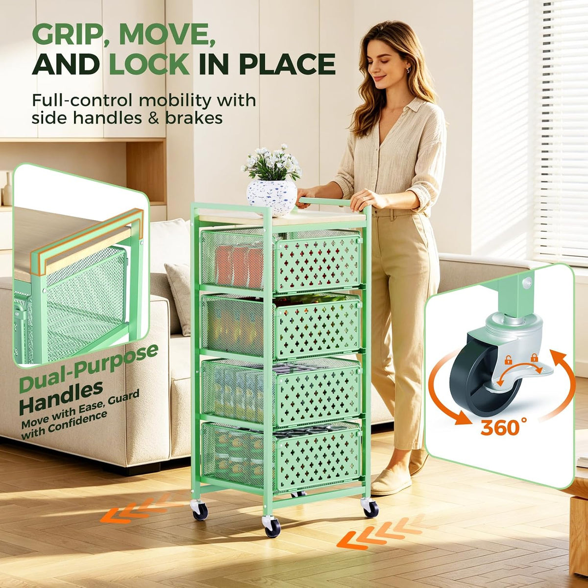 5 Tier Kitchen Storage Cart with Wheels, Utility Fruit Vegetable Storage Rack Stand with Pull-Out Baskets & Wood Top, Metal 4-Drawers Rolling Snack Cart, Kitchen Cart for Potato Onion(Green)