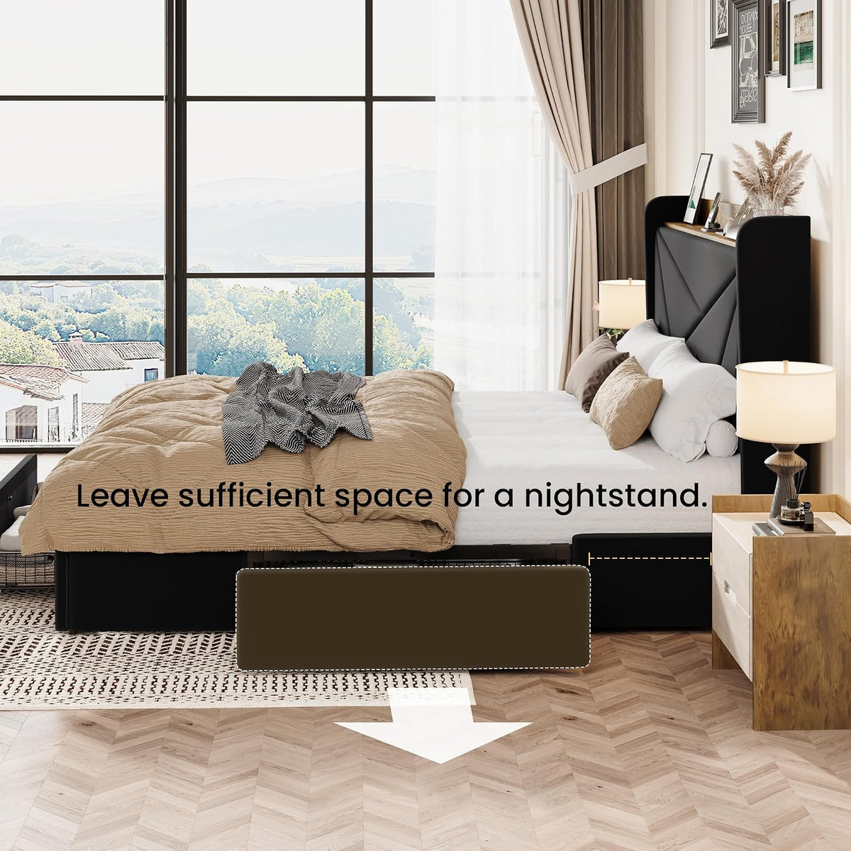 SHA CERLIN Queen Bed Frame, Storage Headboard with Drawers, Charging, Black