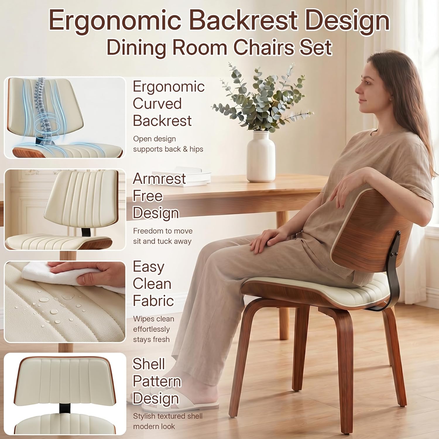 Dining Chairs Set of 2,Mid Century Modern Upholstered Kitchen Chairs with Ergonomic Curved Walnut Bentwood Back,Faux Leather Dining Chairs for Kitchen,Living Room,Study Room,Bed Room,Beige