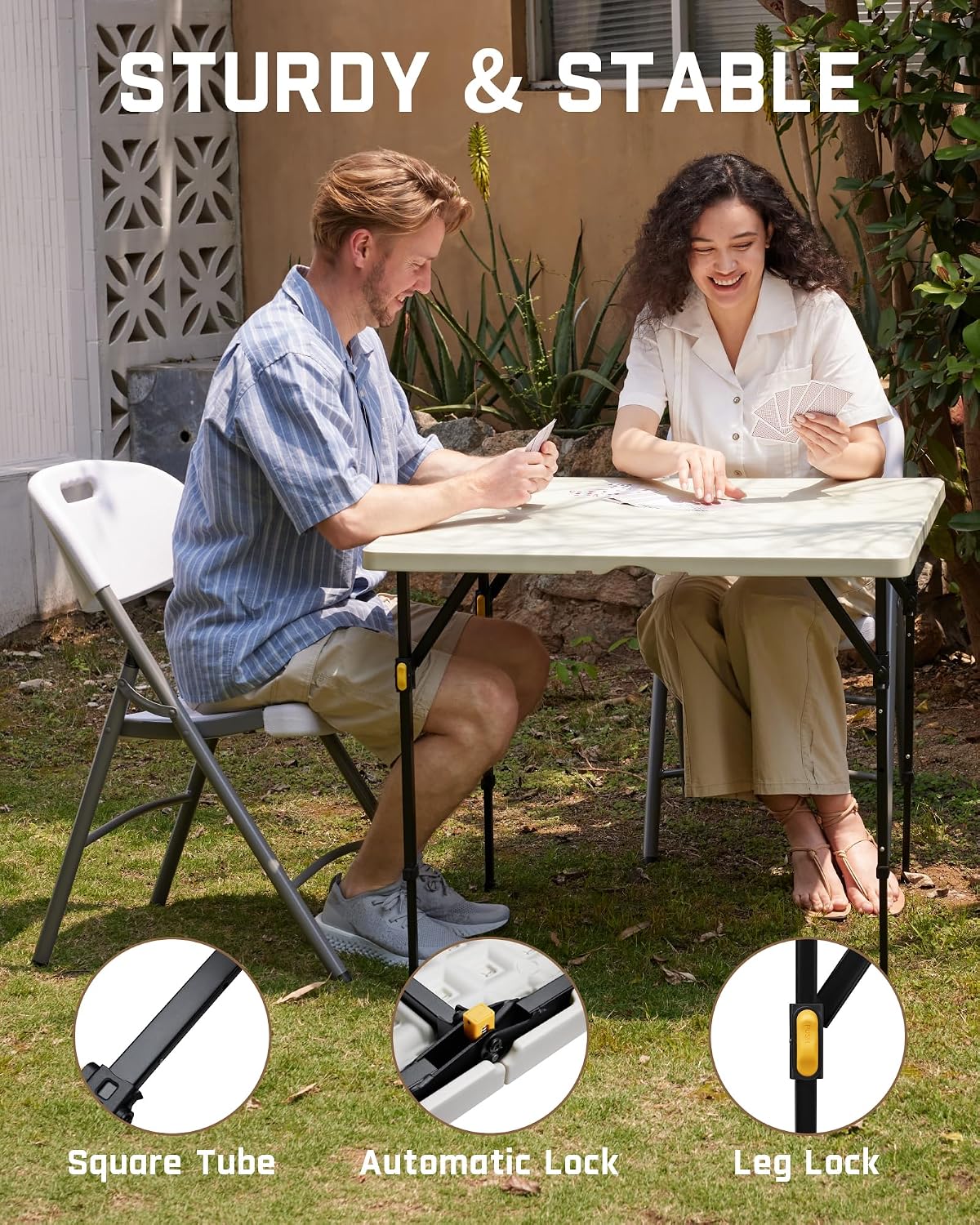 FanttikOutdoor Folding Card Table 34" Square, 2 Heights, Picnic Party Game | Fold-in-Half Utility Plastic Portable Table with Collapsible Legs & Carrying Handle, Heavy Duty, White Zeta S4 Pro