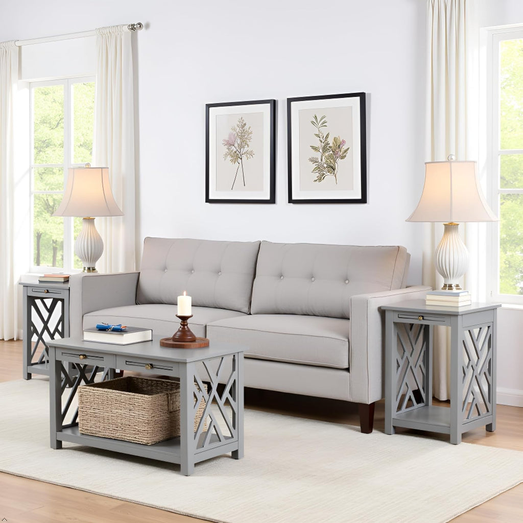 Alaterre Furniture Coventry 2-Pack Wood End Tables – Compact Side Tables with Pull-Out Tray, Bottom Shelf, and Open Square Side Panels – Easy Assembly Storage Tables for Living Room or Bedroom (Gray)
