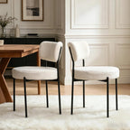 Boucle Dining Chair Set of 4, Mid Century Modern Upholstered Kitchen Chairs with Curved Backrest & Black Metal Legs, Round Dining Room Chairs, White