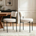 Boucle Dining Chair Set of 2, Mid Century Modern Upholstered Kitchen Chairs with Curved Backrest & Black Metal Legs, Round Dining Room Chairs, White