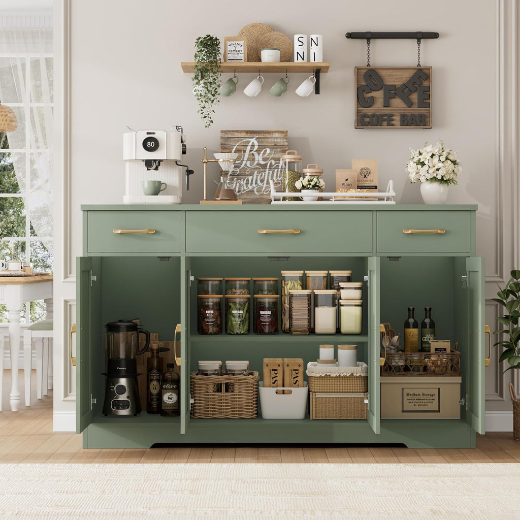 HOSTACK Buffet Sideboard Cabinet with Drawers, 55" Large Buffet Storage Cabinet with Shelves and Doors, Modern Farmhouse Coffee Bar Station for Kitchen, Dining Room, Green