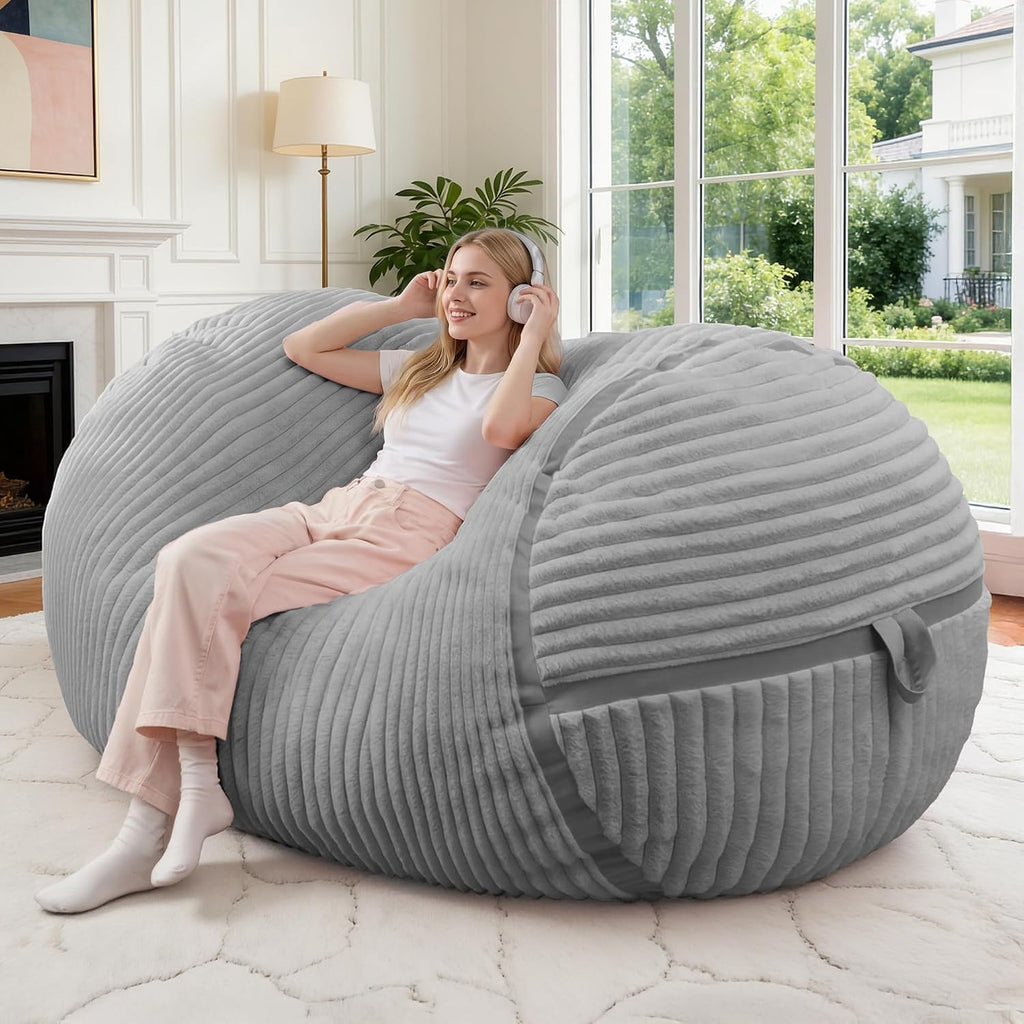 4FT Bean Bag Chair 4'Big Bean Bag Chairs with Adults, Large Beanbag Chair | Bean bag Lounger with Machine Washable Cover Corded Plush Fabric, Comfy Chairs for Living Room Bedroom Dorm, Lightgrey