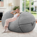 4FT Bean Bag Chair 4'Big Bean Bag Chairs with Adults, Large Beanbag Chair | Bean bag Lounger with Machine Washable Cover Corded Plush Fabric, Comfy Chairs for Living Room Bedroom Dorm, Lightgrey