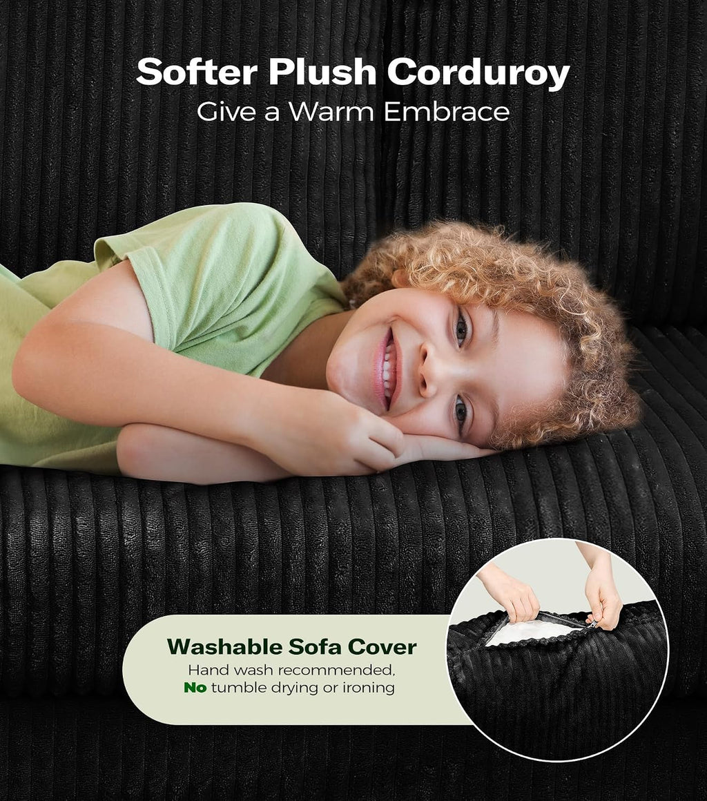 Welzona 101" Sofas for Living Room, Oversized Couch,Couches for Living Room | Comfy Corduroy Couch, Tool-Free Setup Sofa Couch, 6.3" Extra Wide Armrest, All-Wood Modern Couch For Bedroom, 2 Pillow, Black