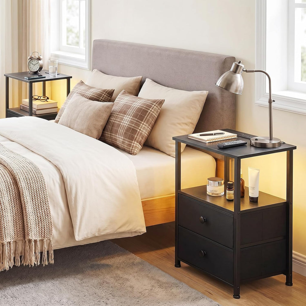 LOAKEKEL Nightstands Set of 2, LED Night Stand with Charging Station | Bedside Table with Type-C Outlets & 2 Fabric Drawers, End Tables with Storage Shelf for Bedroom, Small Spaces, Black