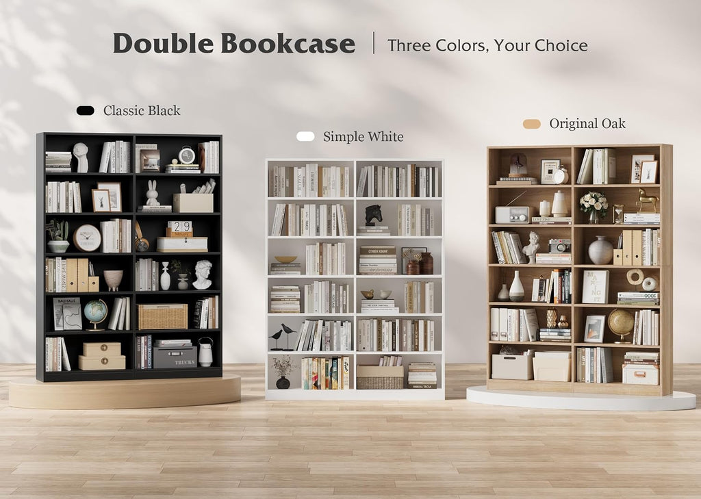 FACBOTALL Bookshelf Tall Bookcase, 6-Tier Double Wide Bookshelves, White