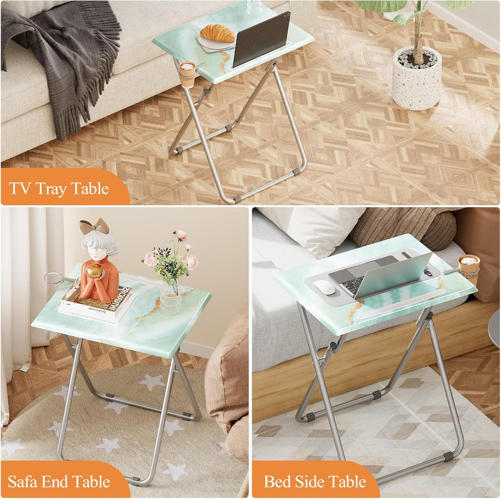 TV Trays Table Set of 4 Portable Folding TV Tray Table TV Dinner Tray with Sturdy MDF, Small Folding Tables with Phone & Tablet Slot, No Assembly Required, 15 x 18.9 x 25.6 in (Sea Blue Marble, 4Pcs)