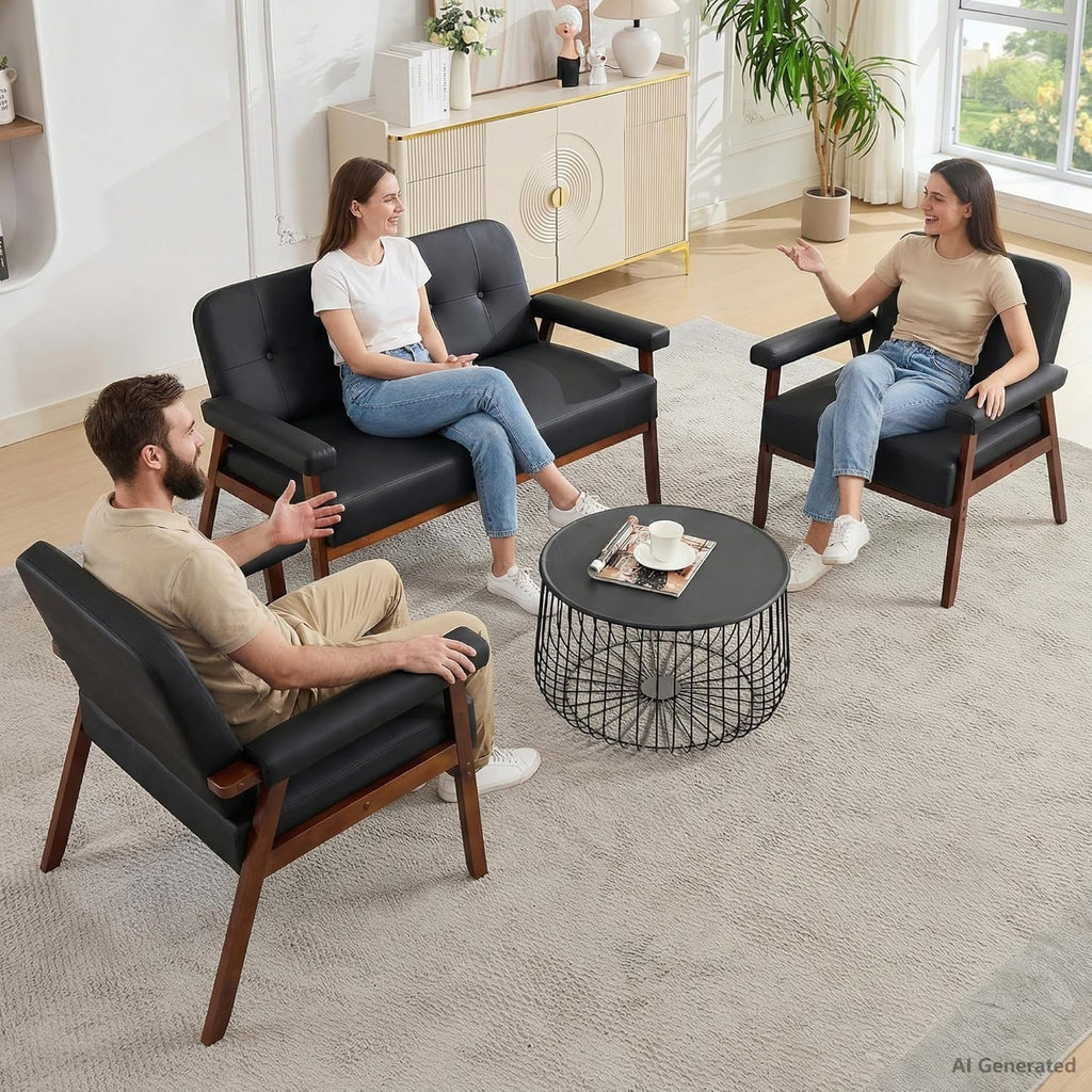 50”W Black Leather Small Office Couch, Loveseat Sofa with Wooden Arms
