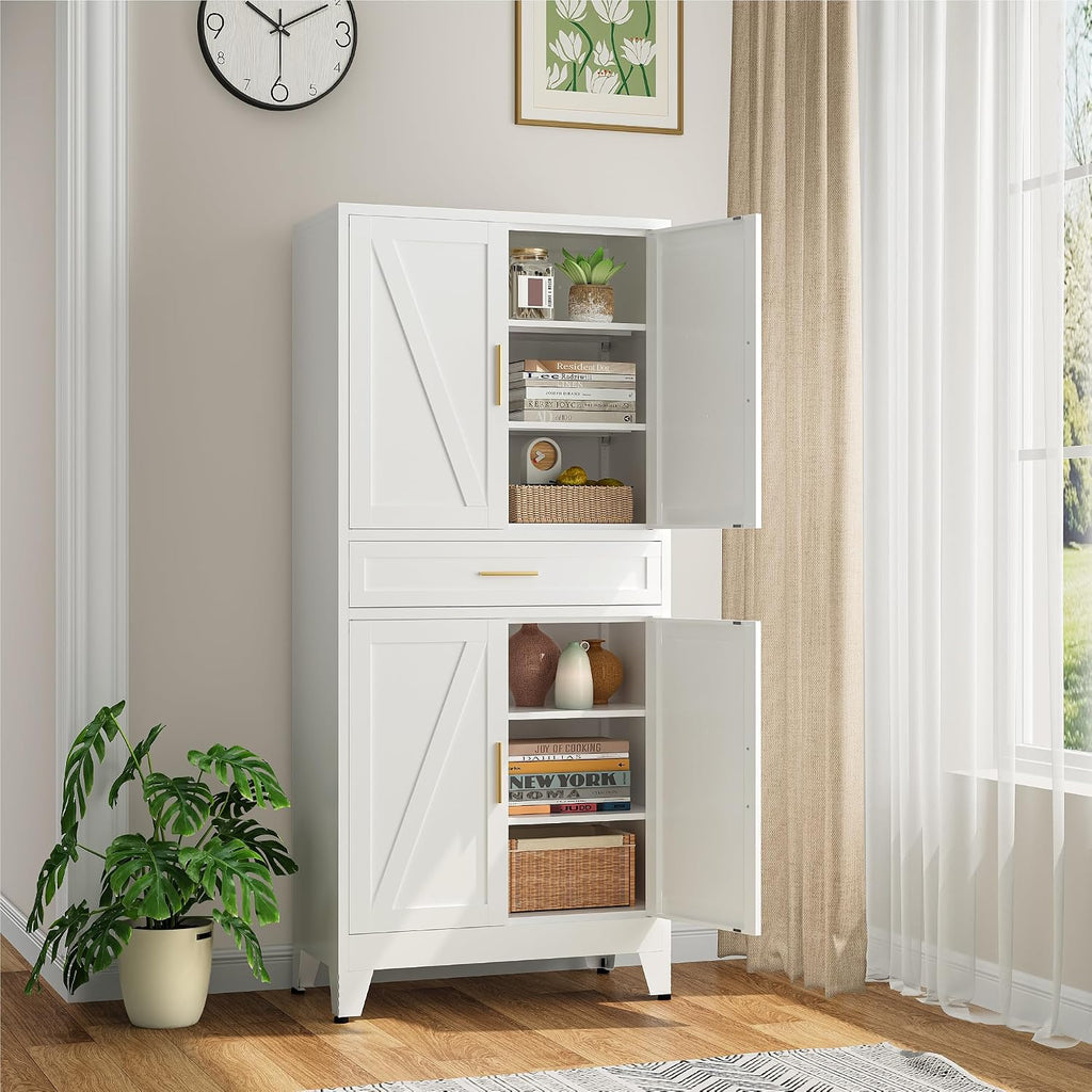 Bevivog Tall Pantry Cabinet with Drawers, 71" Metal Storage Cabinets with Doors and Shelves, 4 Doors Freestanding Cupboard for Kitchen/Office/Dining Room/Living Room/Laundry