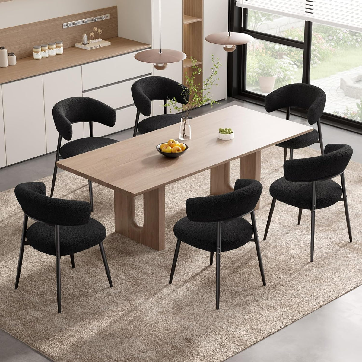 Dining Chairs Set of 4, Mid Century Modern Kitchen Chairs, Boucle Upholstered Dining Chair with Curved Backrest & Metal Legs for Kitchen Dining Room, Black