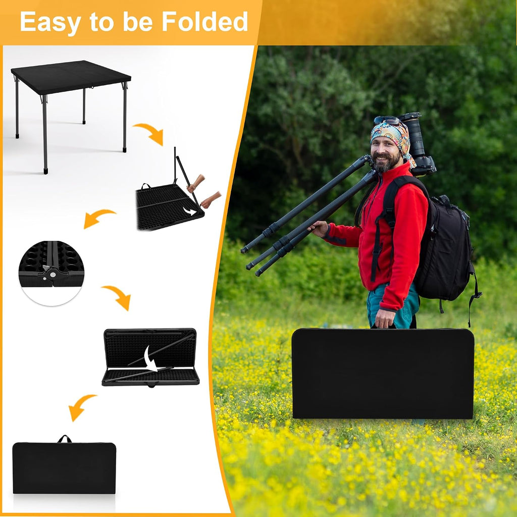 Kasunpul 34" Folding Table, Portable Square Folding Card Table with Collapsible Legs & Carrying Handle, Plastic Tables for Camping,Picnic, Office, Party, Black
