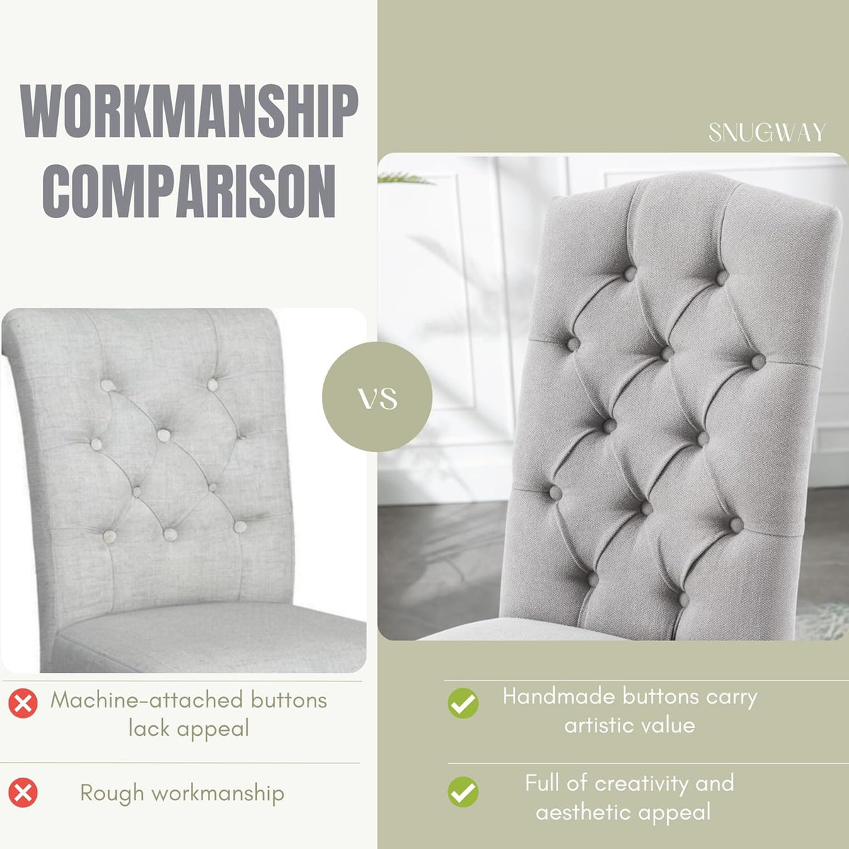 Tufted Upholstered Parsons Dining Chair Set Fabric Diner Accent Stylish Modern Kitchen Living Room with Button Sturdy Solid Wood Legs, 6-Pack