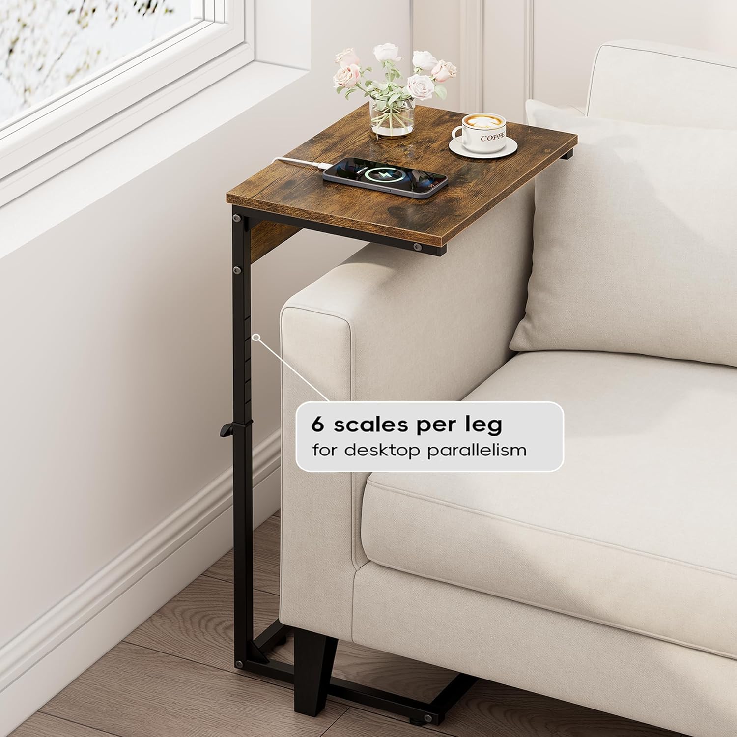 Vagusicc C Shaped End Table with Charging Station, Adjustable Height Side Table for Couch, Small Side Table, 33.2'' Tall Couch Tables that Slide Under, Tv Tray End Table for Living Room, Rustic Brown