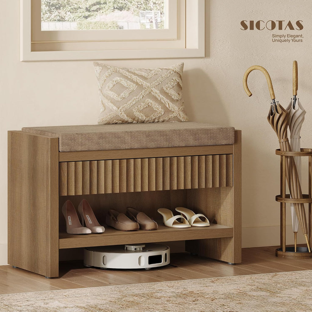SICOTAS Fluted Shoe Bench with Cushion & Drawer for Entryway, Caramel Oak | Modern Fluted Design, 300 lb Capacity, 19.69"H Ergonomic Seat, Spacious Drawer, Open Shoe Storage, Multi-Room Use