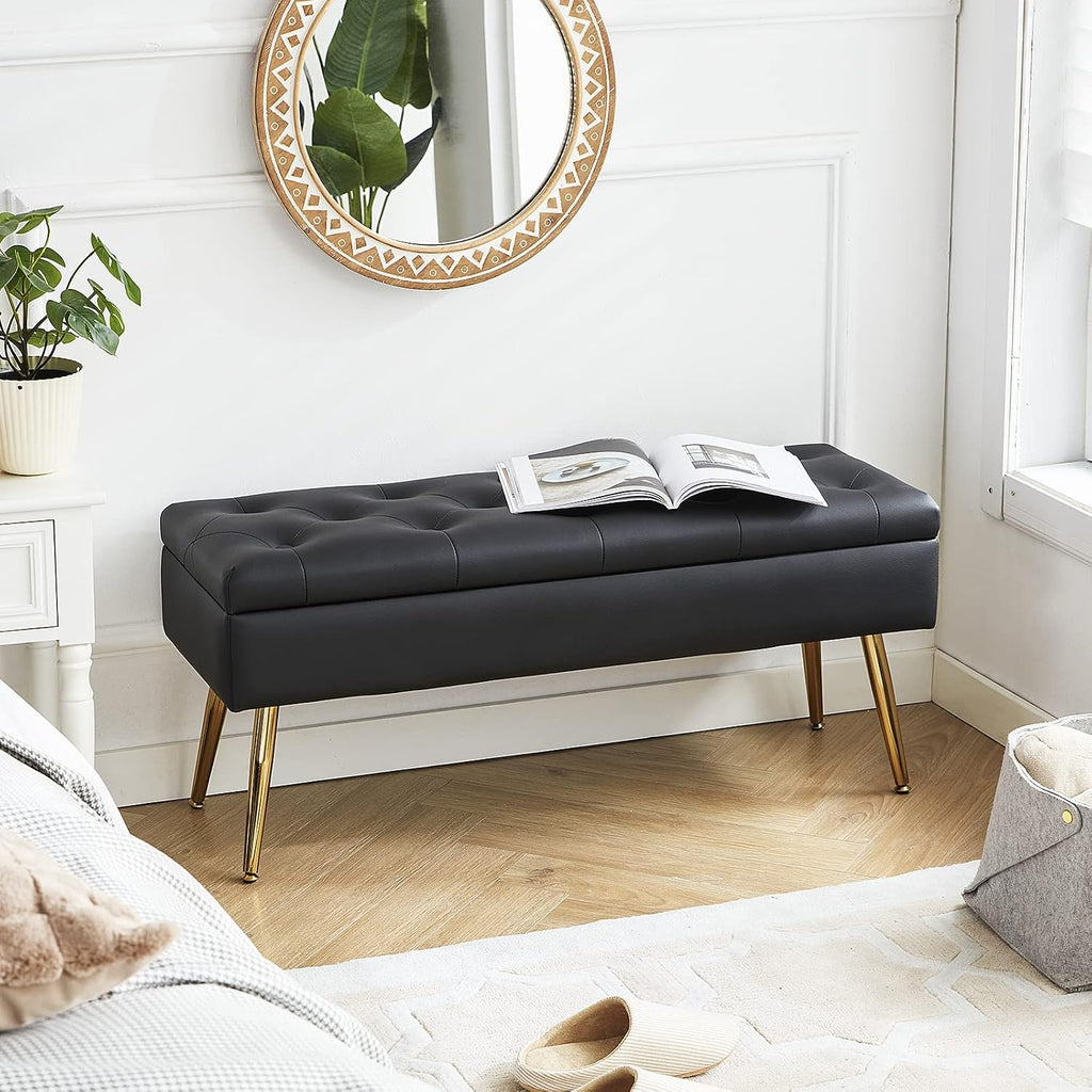 Gitrah Storage Bench Entryway Bench End of Bed Bench Ottoman Upholstered Faux Leather Bedroom Bench Tufted Bench with Golden Legs 40" Black Bench