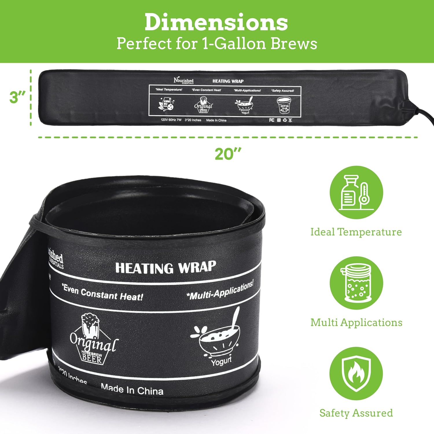 Nourished Essentials | Kombucha Heating Wrap Black - 3''x20'' - Precise Temperature Control for Kombucha Brewing Kit and Fermentation Heater Pad - Homebrew, Germination Supplies and Sourdough Starter