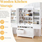 71.1" Tall Freestanding Kitchen Pantry Cabinet, Wooden Food Storage Cupboard with 7 Drawers, 8 Door Shelves, 3 Adjustable Shelves and 8 Wine Racks, Multi-Use Storage Cabinet,White