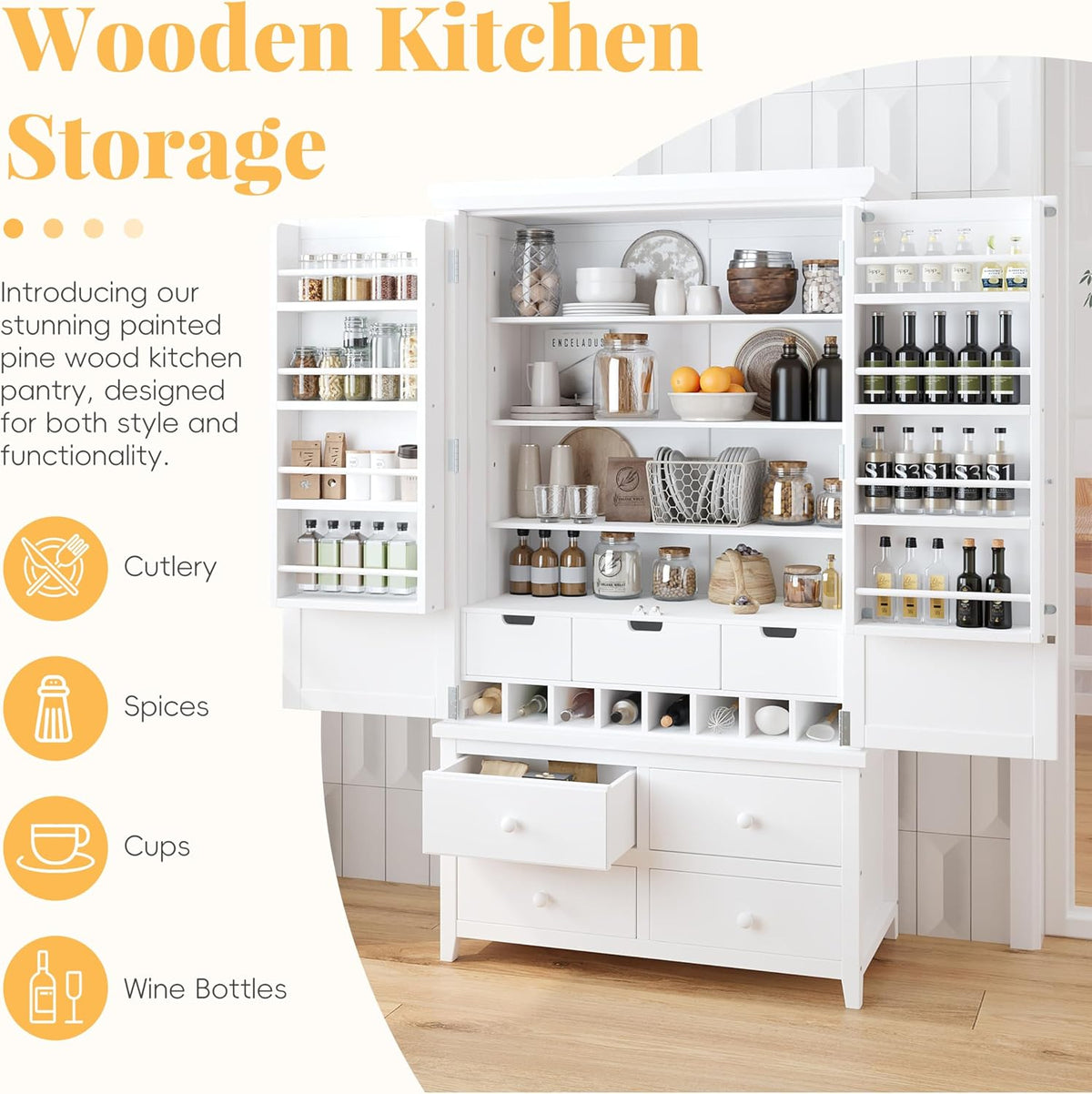 roomfitters Kitchen Pantry Organizers and Storage Kitchen Cabinet, Storage Hutch with Door Spice Racks, Wine Rack, White