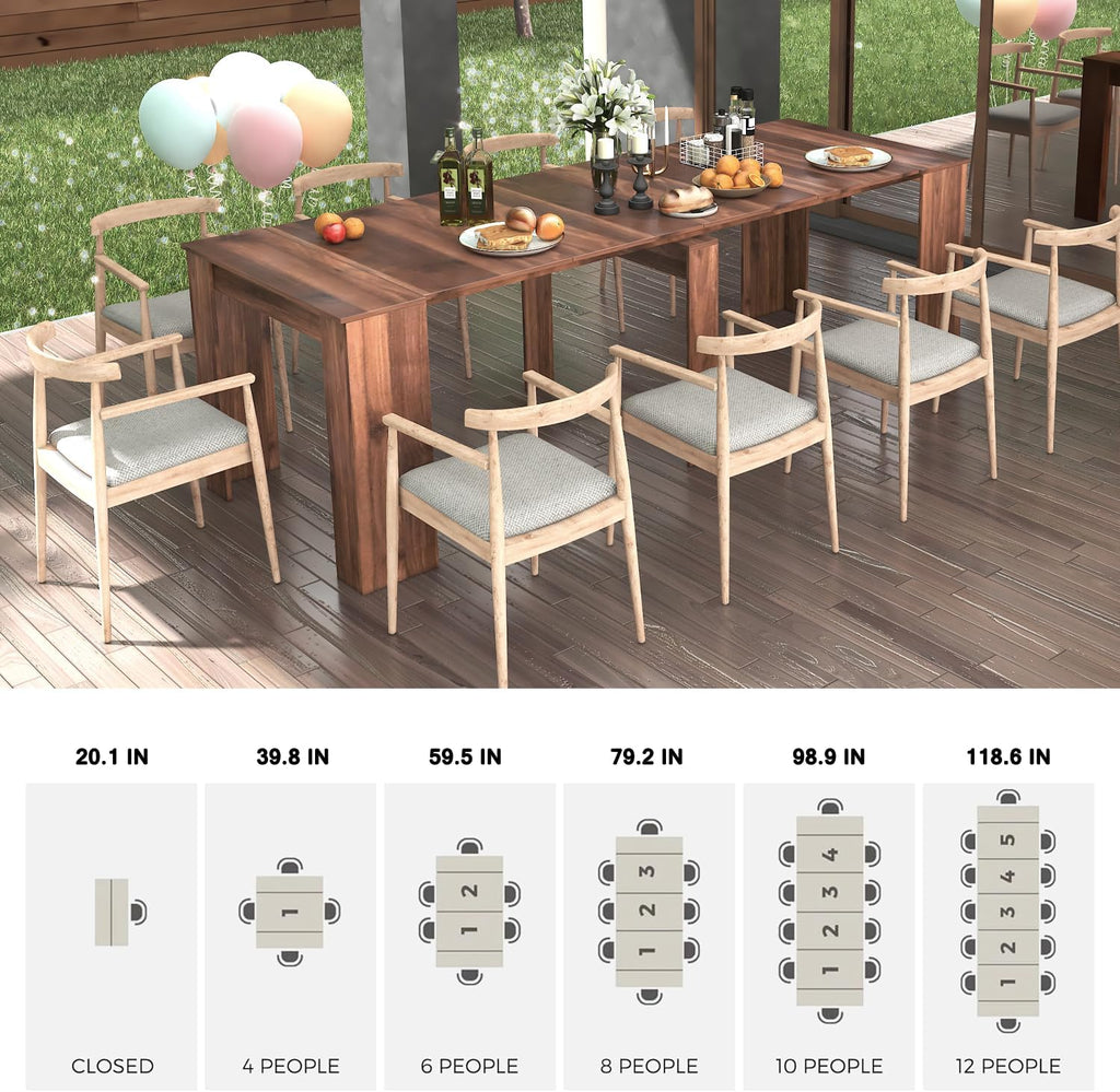 Extendable Dining Table, Transformer Folding Console Table for 2-12 People, Space Saving Dining Room Table for Apartments & Homes, Walnut