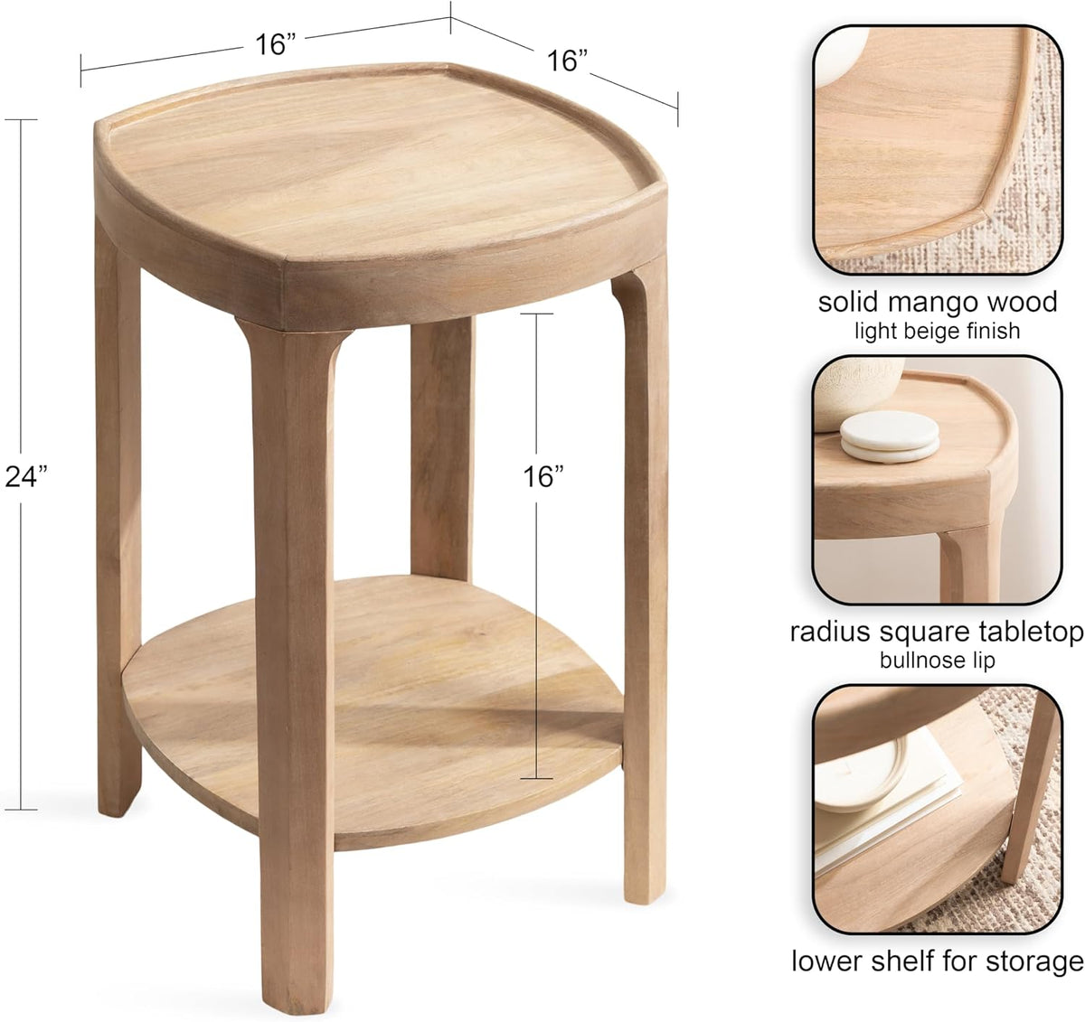 Kate and Laurel Tierney Modern Square Wood Side Table, 16 x 16 x 24, Light Natural, Transitional Decorative Two-Tier End Table for Use as a Bedroom Nightstand or Living Room Plant Stand