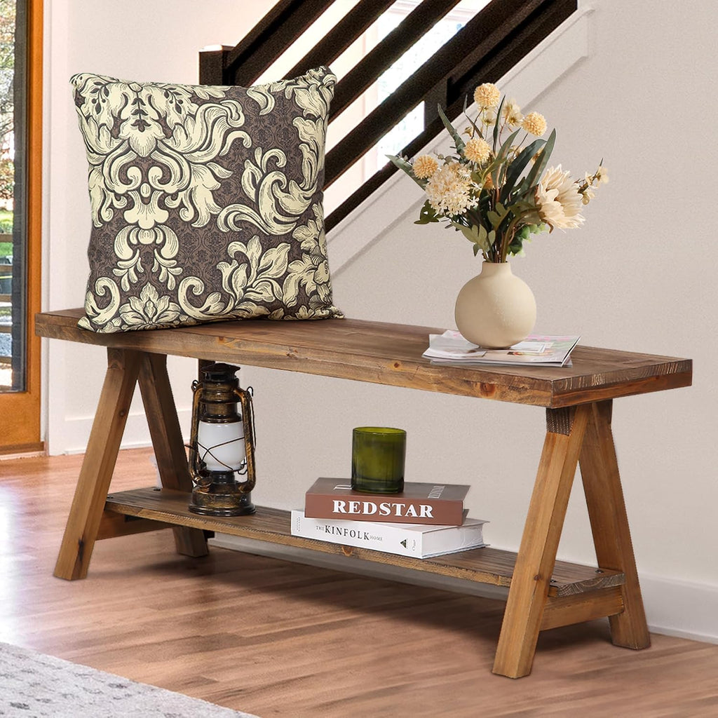Wnutrees 43" Farmhouse Solid Wood Bench, Rustic Indoor Storage Bench | Entryway Seat for Living Room, End of Bed, Hallway, Original Natural Wood Finish, Sturdy Construction