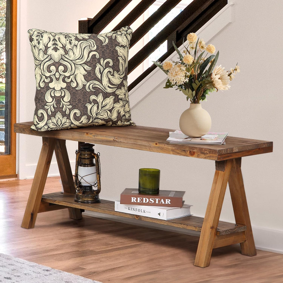 Wnutrees 43" Farmhouse Solid Wood Bench, Rustic Indoor Storage Bench | Entryway Seat for Living Room, End of Bed, Hallway, Original Natural Wood Finish, Sturdy Construction