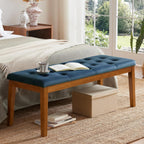 Ottoman Bench Upholstered Padded Seat with Solid Wood Legs and Button-Tufted, Big Oversized Ottoman, Velvet Navy