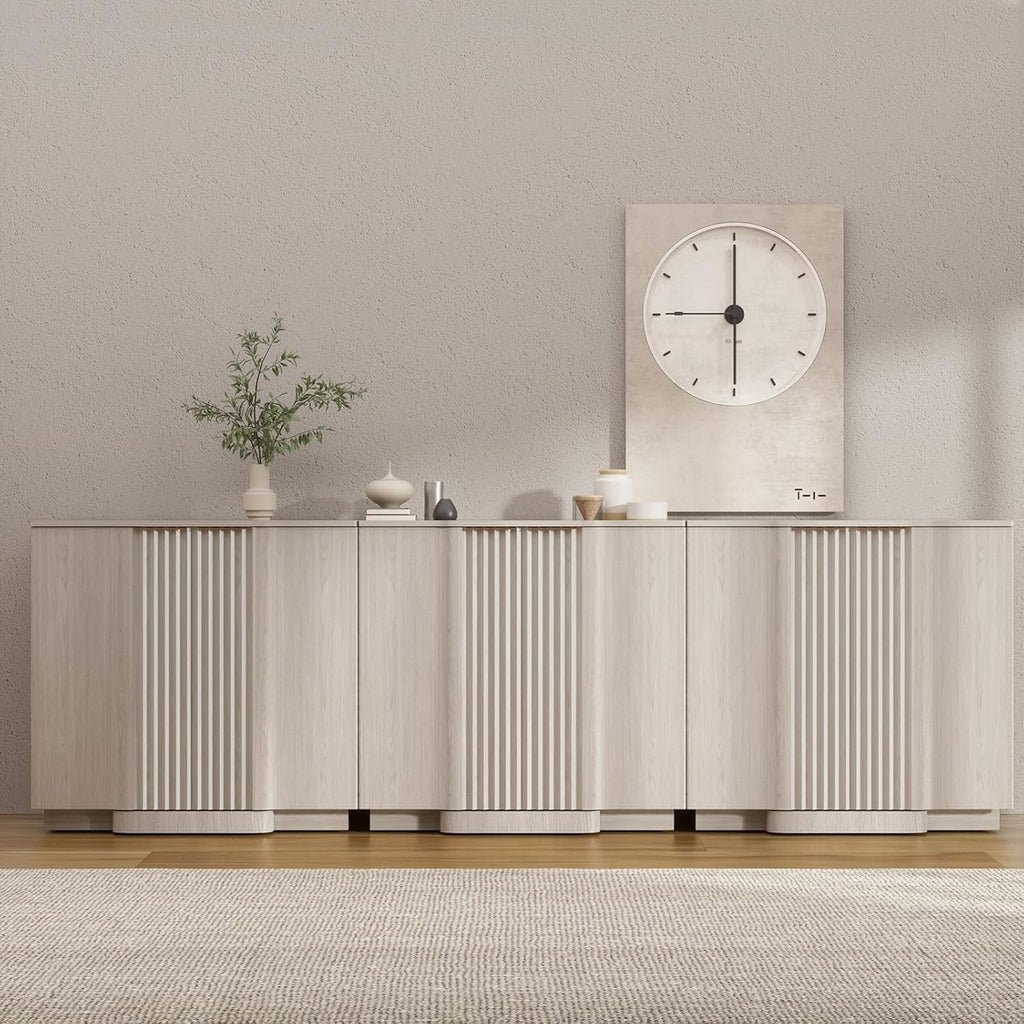 Brafab Buffet Cabinet, 110" Modern Farmhouse Accent Sideboard Cabinet with 8 Doors, Wood Fluted Credenza for Living Room and Kitchen, White