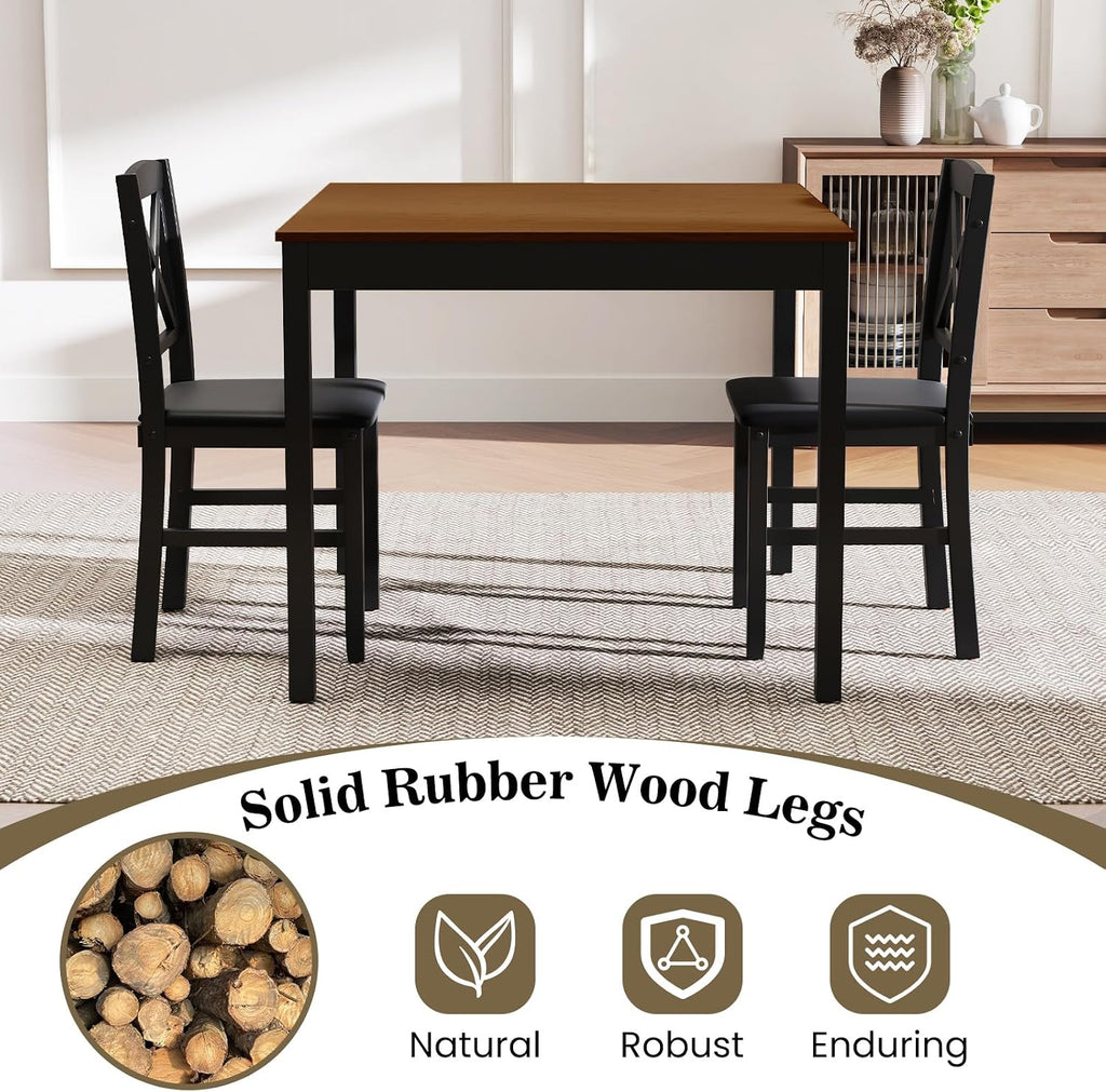 GIANTEX 3-Piece Dining Table Set for 2 - Small Wooden Kitchen Table with Upholstered PVC Leather Chairs, Rubber Wood Legs, Modern Compact Dining Set for Dinner, Kitchen, Restaurant, Dinette (Brown)