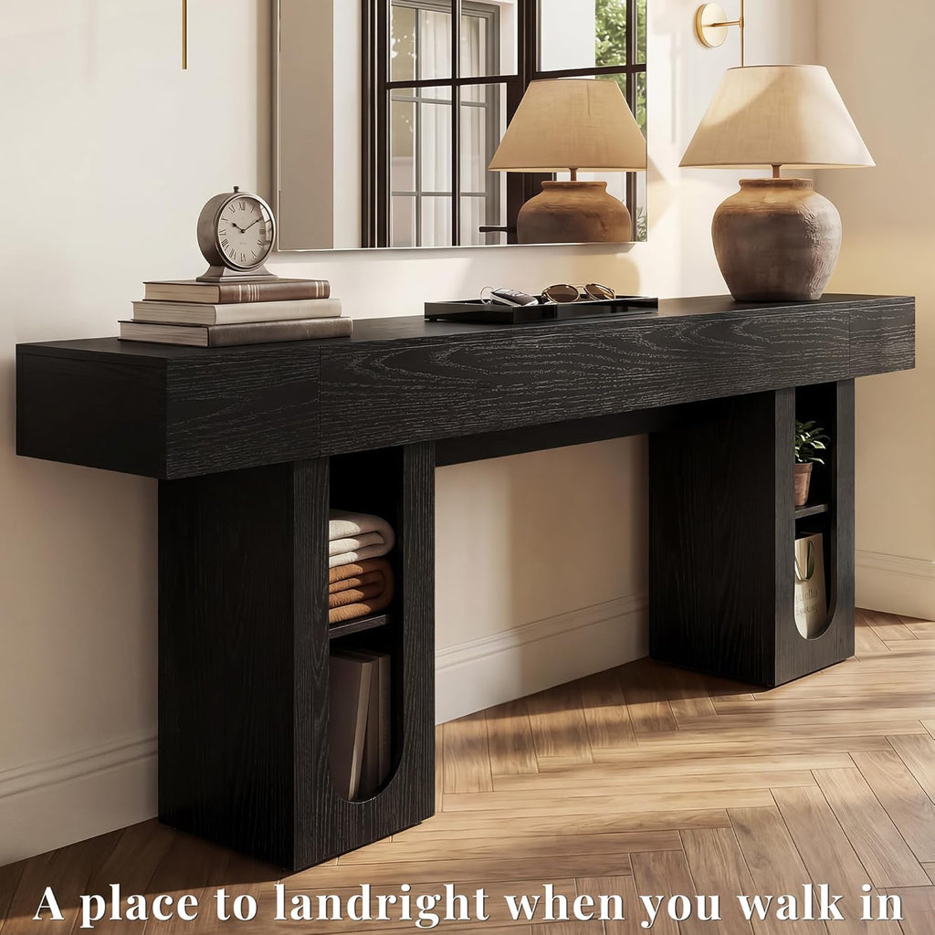 79" Entryway Console Table with Outlets & Storage-Black | 5.9" Thick Top,Zero Wobble,Behind Large Couch,Extra Long,Anti-Tip,Modern Farmhouse,Dense MDF,Living Room,Hallway,300lbs Load