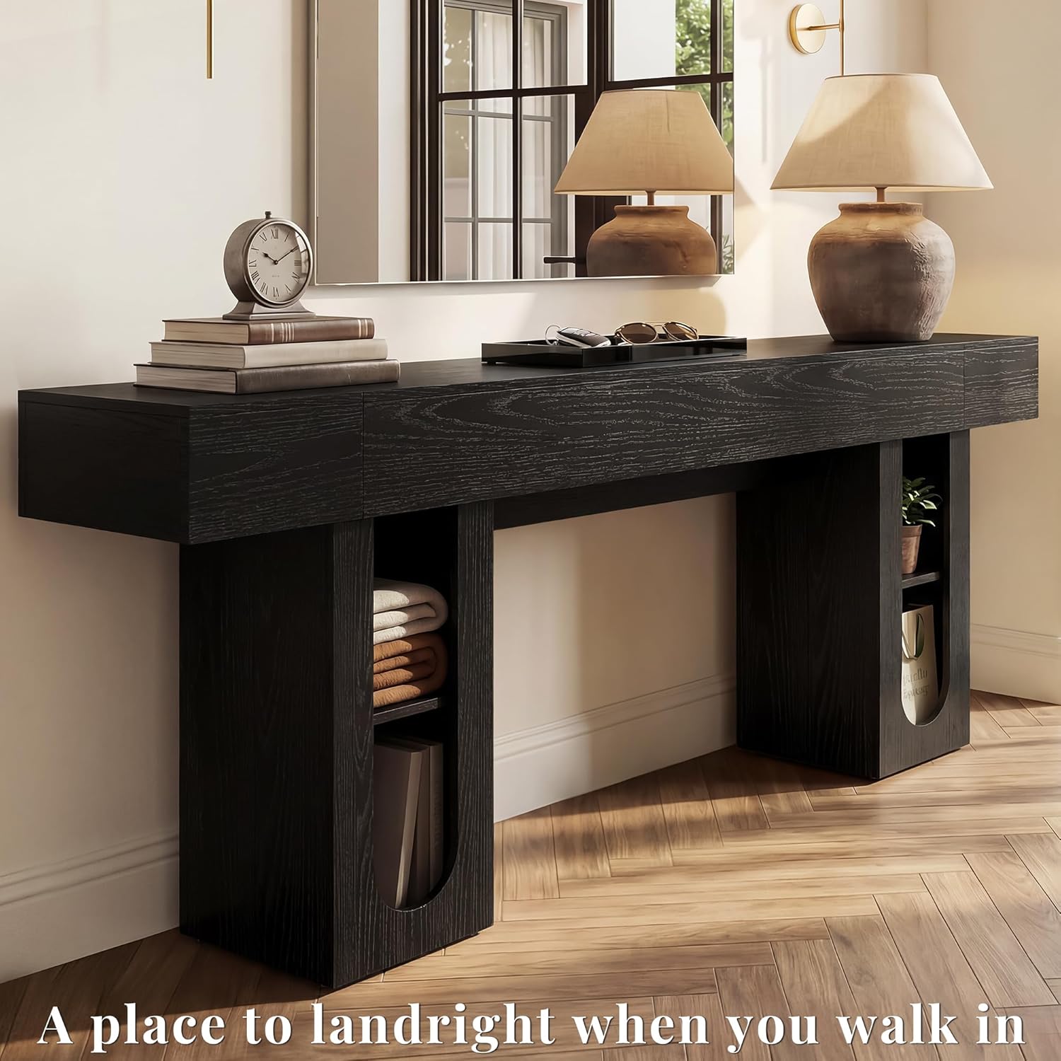 79" Entryway Console Table with Outlets & Storage-Black | 5.9" Thick Top,Zero Wobble,Behind Large Couch,Extra Long,Anti-Tip,Modern Farmhouse,Dense MDF,Living Room,Hallway,300lbs Load