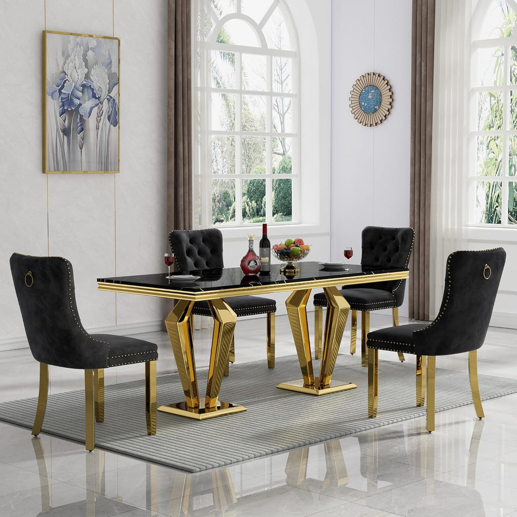 Luxury Marble Dining Table for 4 to 6, 68 inch Black Faux Marble Dining Table with Gold Stainless Steel Diamond Shaped Base, Modern Rectangle Kitchen Dining Room Table for Family Dinner Party