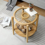 RUSTOWN Rattan Nightstands Set of 2,Boho Wood Round Side Tables, 2-Tier Natural End Table with Glass Top and Wood Legs, Sofa Side Table Bedside Table for Living Room Bedroom Couch(Natural)
